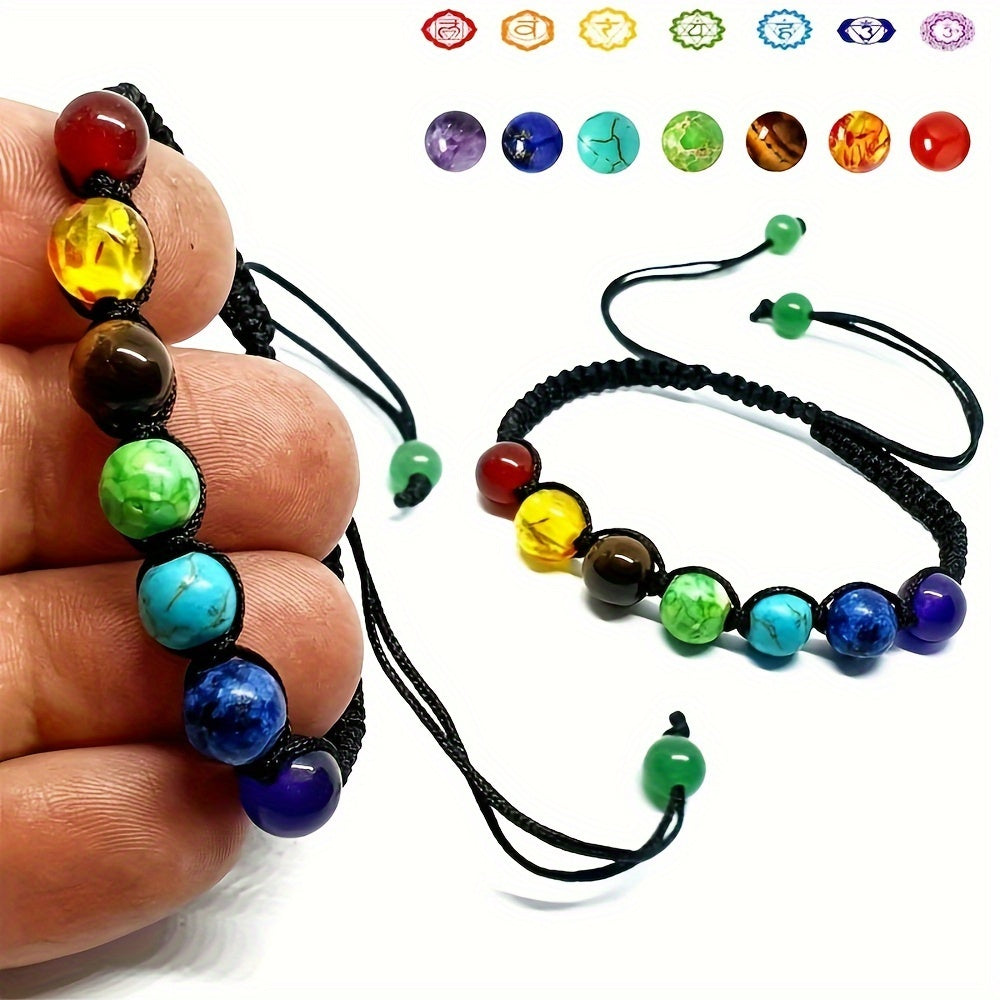 Set of 5 Or 10 Handcrafted Bracelets Featuring 7 Chakra Beads Made from Natural Stones, Designed with Braided Rope for Yoga Enthusiasts. These Adjustable Bangles Make for a Perfect Gift.