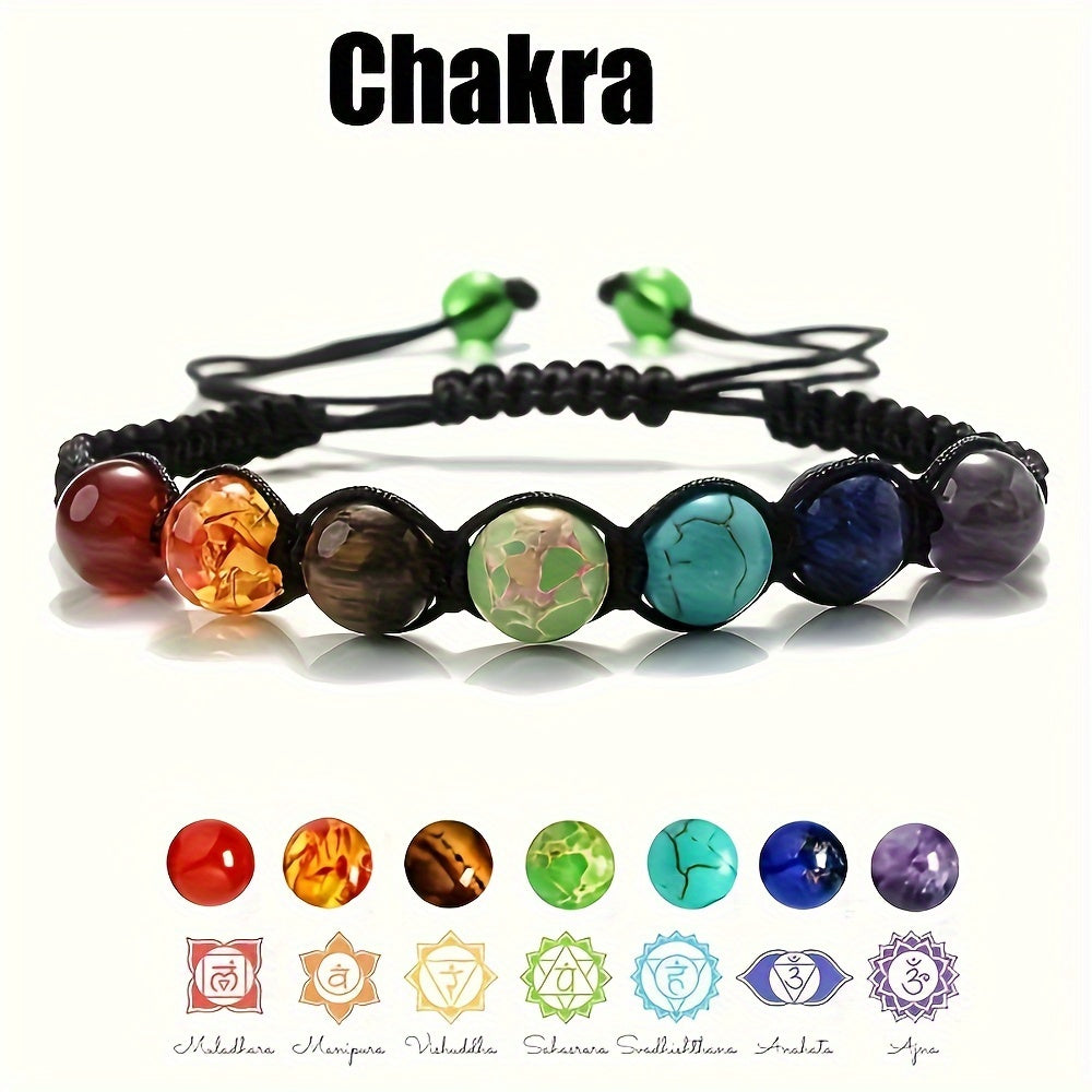 Set of 5 Or 10 Handcrafted Bracelets Featuring 7 Chakra Beads Made from Natural Stones, Designed with Braided Rope for Yoga Enthusiasts. These Adjustable Bangles Make for a Perfect Gift.
