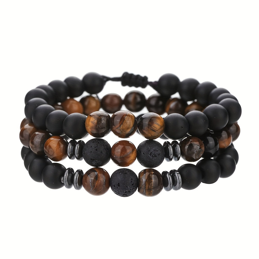 3-Pack Men'S Bracelet Tiger Eye Stone Elastic Braided Bracelet Set Essential Oil Aromatherapy Beaded Bracelet