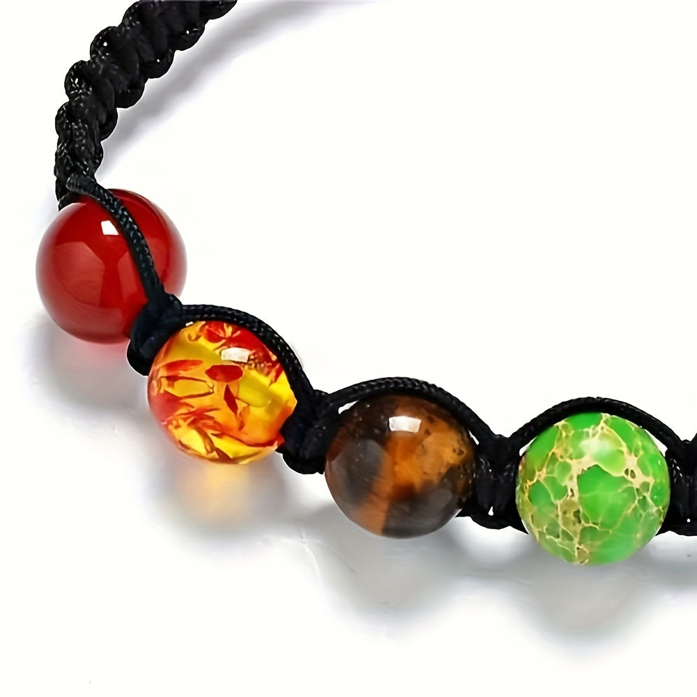 Set of 5 Or 10 Handcrafted Bracelets Featuring 7 Chakra Beads Made from Natural Stones, Designed with Braided Rope for Yoga Enthusiasts. These Adjustable Bangles Make for a Perfect Gift.