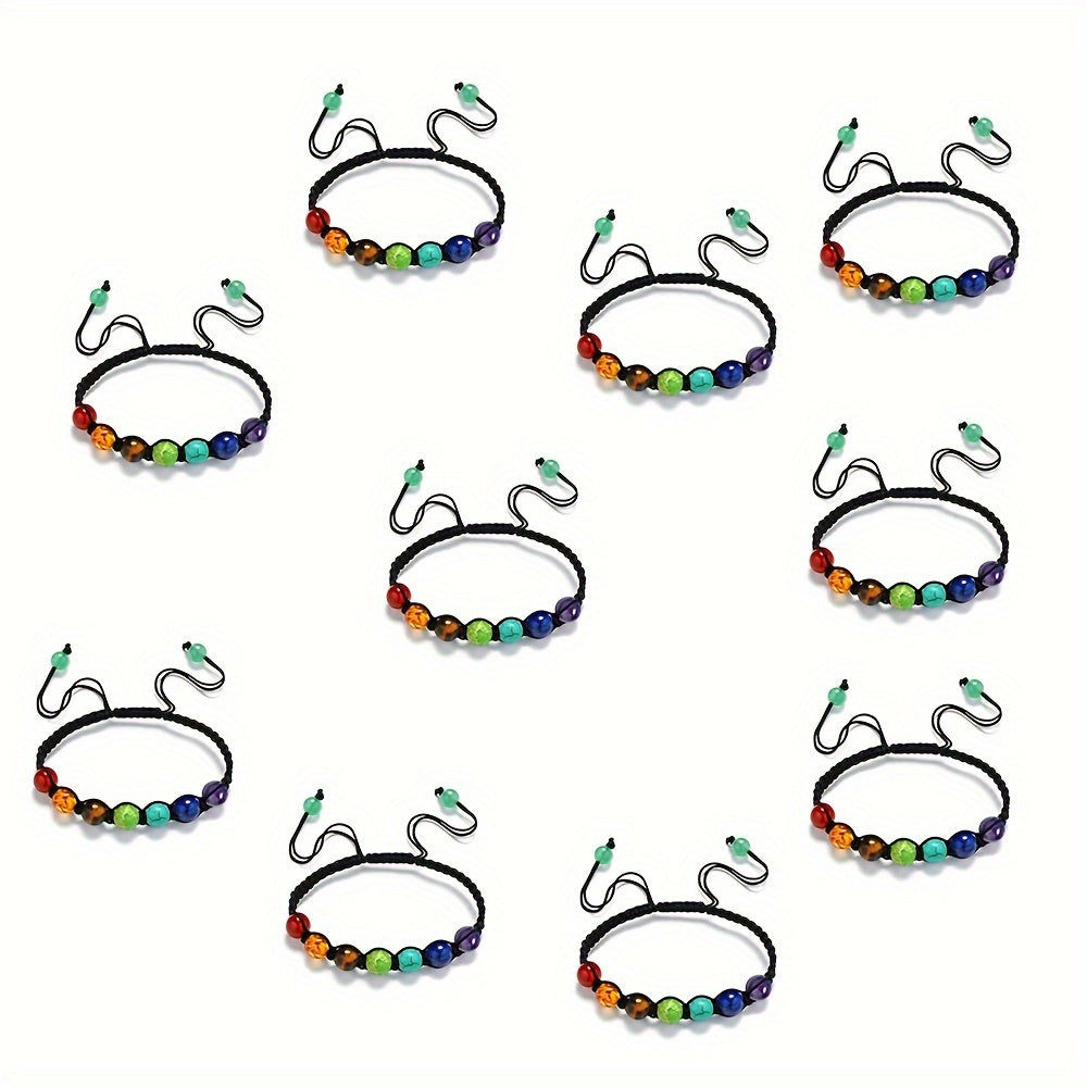 Set of 5 Or 10 Handcrafted Bracelets Featuring 7 Chakra Beads Made from Natural Stones, Designed with Braided Rope for Yoga Enthusiasts. These Adjustable Bangles Make for a Perfect Gift.