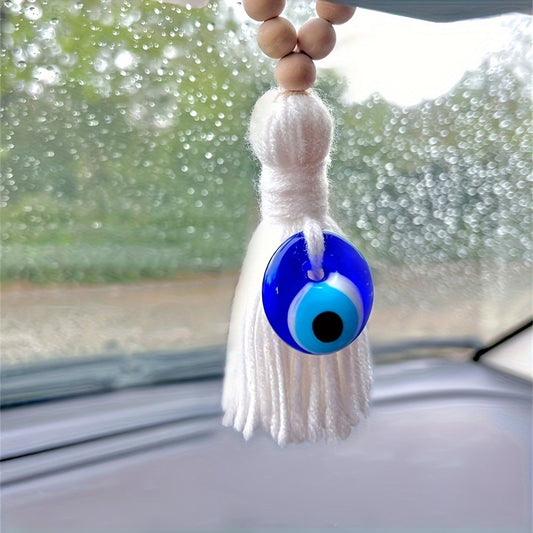 1pc Blue Evil Eye Wooden Bead Tassel Charm - Anatolian Blue Devil's Eye Pendant for Door Handles, Car Decor & Home Accents