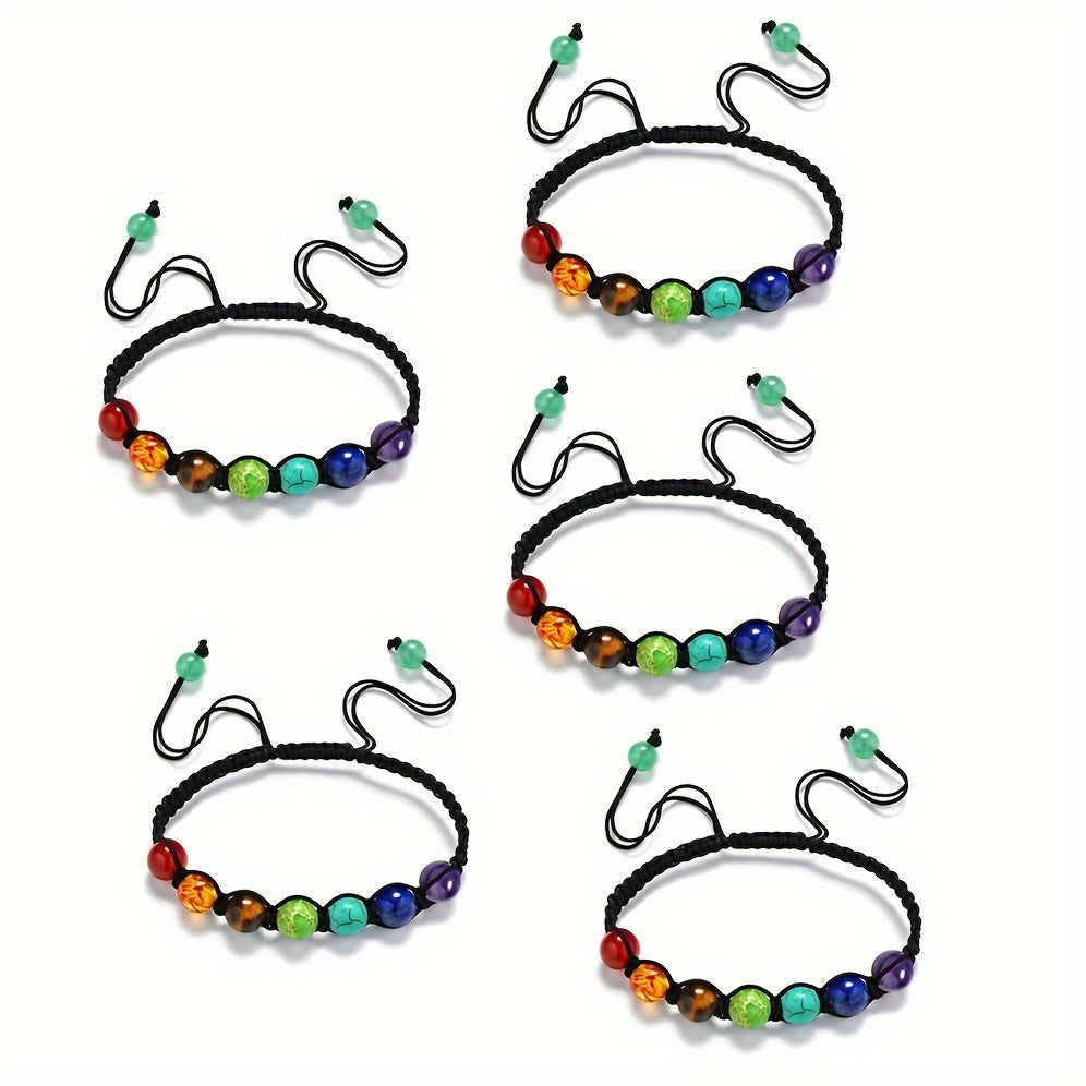Set of 5 Or 10 Handcrafted Bracelets Featuring 7 Chakra Beads Made from Natural Stones, Designed with Braided Rope for Yoga Enthusiasts. These Adjustable Bangles Make for a Perfect Gift.