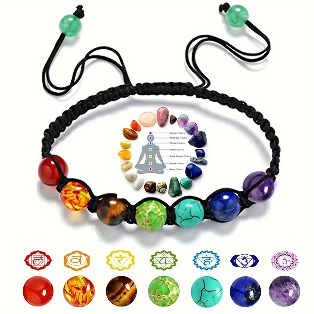 Set of 5 Or 10 Handcrafted Bracelets Featuring 7 Chakra Beads Made from Natural Stones, Designed with Braided Rope for Yoga Enthusiasts. These Adjustable Bangles Make for a Perfect Gift.