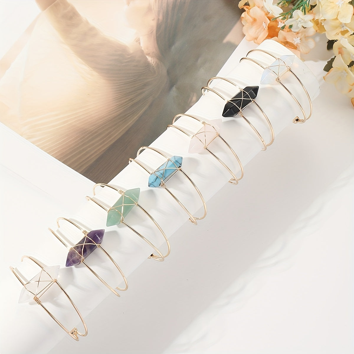 1pc/Women Chakra Natural Stone Hexagonal Wire Bracelet, Holiday party jewelry gifts