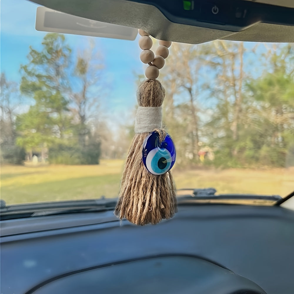 1pc Blue Evil Eye Wooden Bead Tassel Charm - Anatolian Blue Devil's Eye Pendant for Door Handles, Car Decor & Home Accents