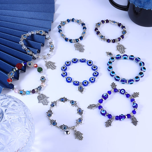 8 Pcs/Set Blue Eye Hamsa Hand Charm Stretch Bracelets - Evil's Eye Beaded Lucky Charm for Women & Men, Protection & Blessing