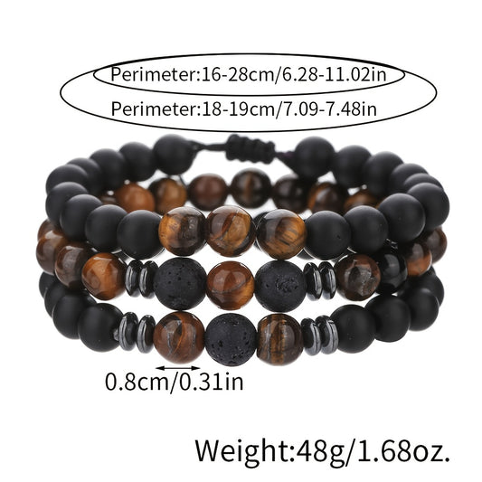 3-Pack Men'S Bracelet Tiger Eye Stone Elastic Braided Bracelet Set Essential Oil Aromatherapy Beaded Bracelet