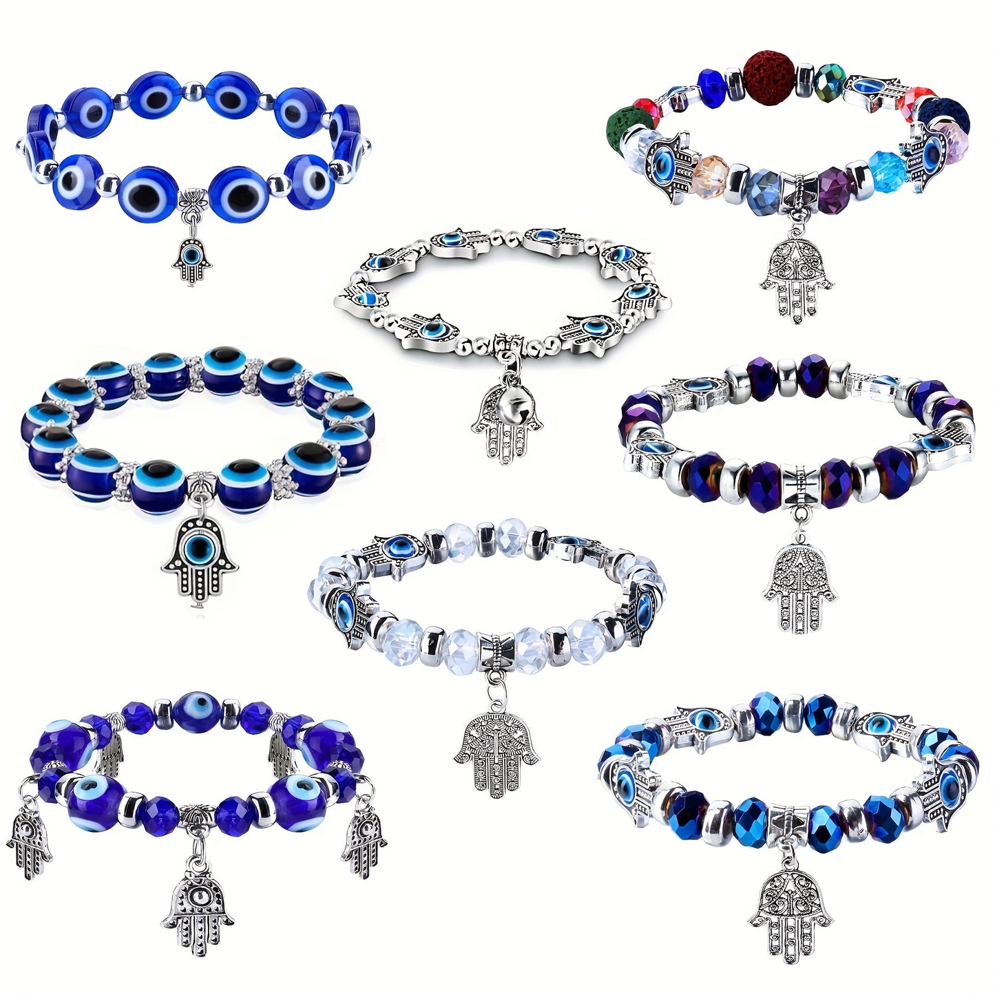 8 Pcs/Set Blue Eye Hamsa Hand Charm Stretch Bracelets - Evil's Eye Beaded Lucky Charm for Women & Men, Protection & Blessing
