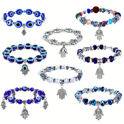 8 Pcs/Set Blue Eye Hamsa Hand Charm Stretch Bracelets - Evil's Eye Beaded Lucky Charm for Women & Men, Protection & Blessing