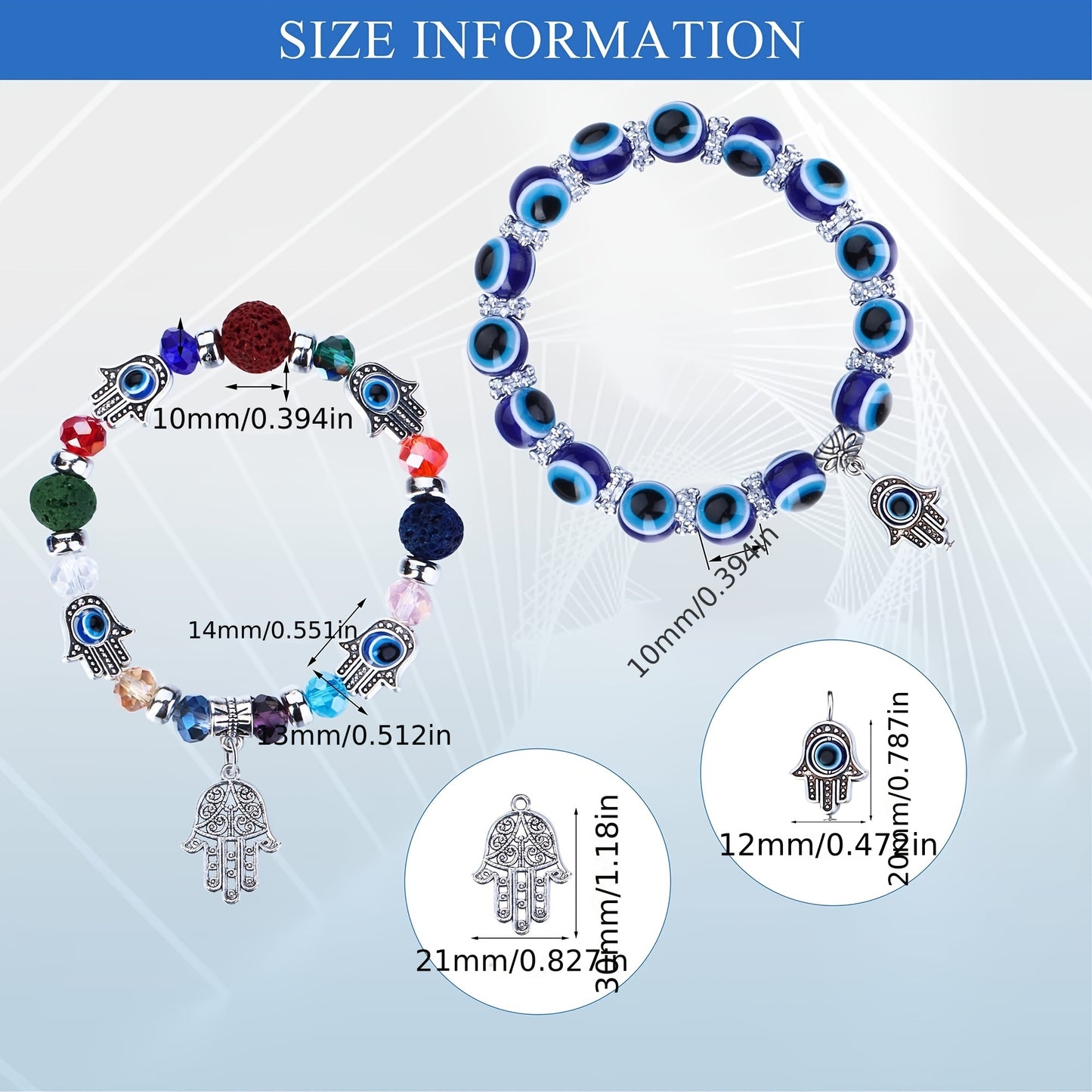 8 Pcs/Set Blue Eye Hamsa Hand Charm Stretch Bracelets - Evil's Eye Beaded Lucky Charm for Women & Men, Protection & Blessing