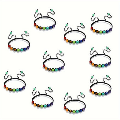 Set of 5 Or 10 Handcrafted Bracelets Featuring 7 Chakra Beads Made from Natural Stones, Designed with Braided Rope for Yoga Enthusiasts. These Adjustable Bangles Make for a Perfect Gift.