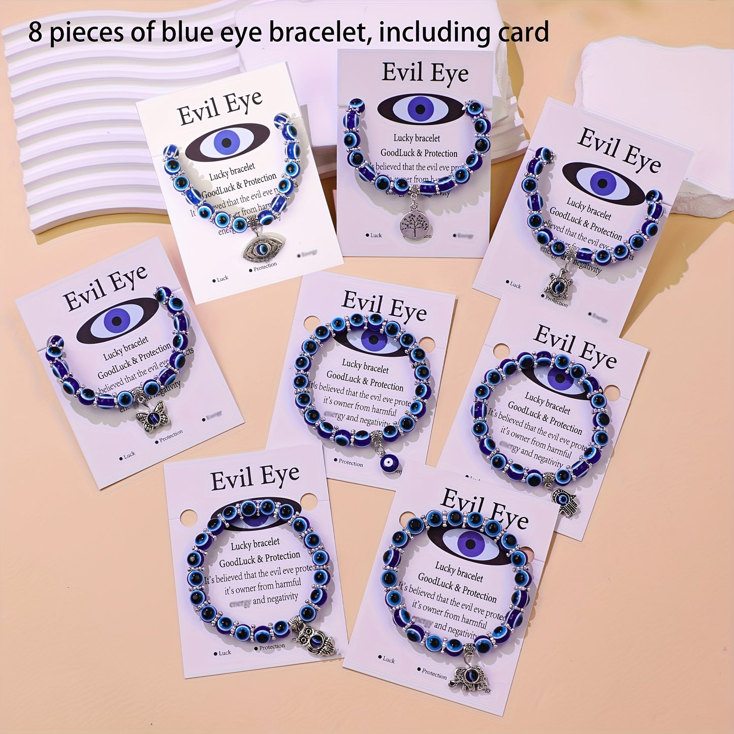 8 Pcs/Set Blue Eye Hamsa Hand Charm Stretch Bracelets - Evil's Eye Beaded Lucky Charm for Women & Men, Protection & Blessing