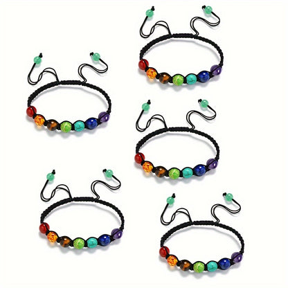 Set of 5 Or 10 Handcrafted Bracelets Featuring 7 Chakra Beads Made from Natural Stones, Designed with Braided Rope for Yoga Enthusiasts. These Adjustable Bangles Make for a Perfect Gift.