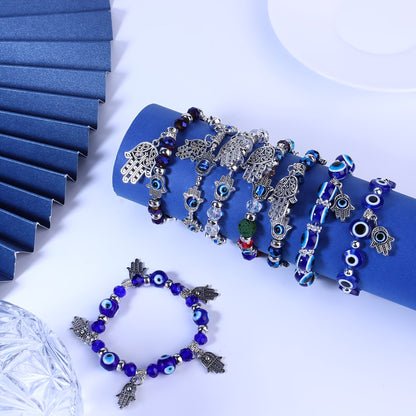 8 Pcs/Set Blue Eye Hamsa Hand Charm Stretch Bracelets - Evil's Eye Beaded Lucky Charm for Women & Men, Protection & Blessing
