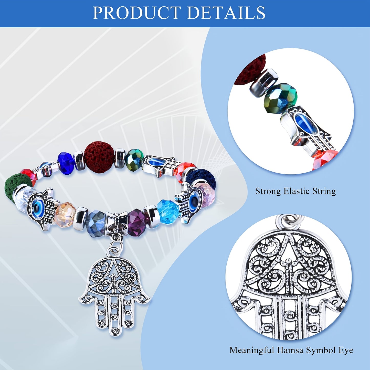 8 Pcs/Set Blue Eye Hamsa Hand Charm Stretch Bracelets - Evil's Eye Beaded Lucky Charm for Women & Men, Protection & Blessing